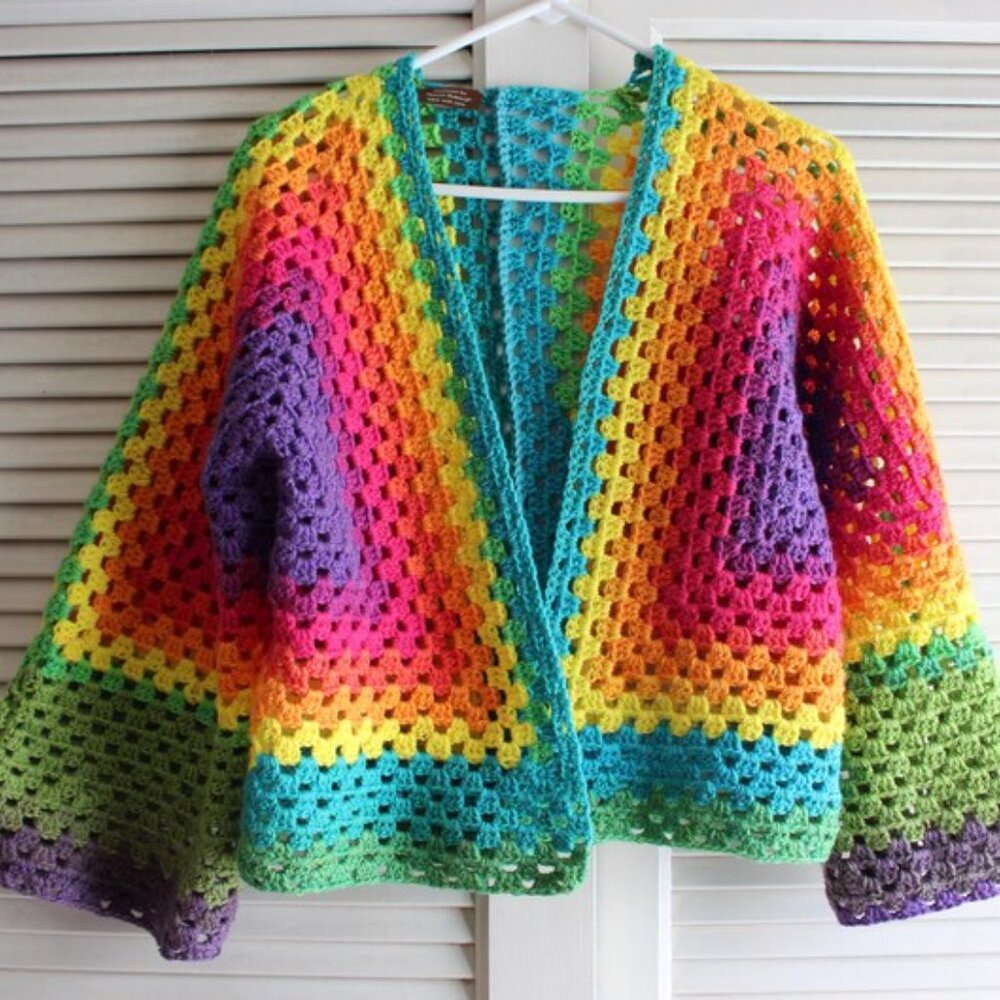 Rainbow Brite Mandala Granny Stitch Crochet Hexagon Open Cardigan